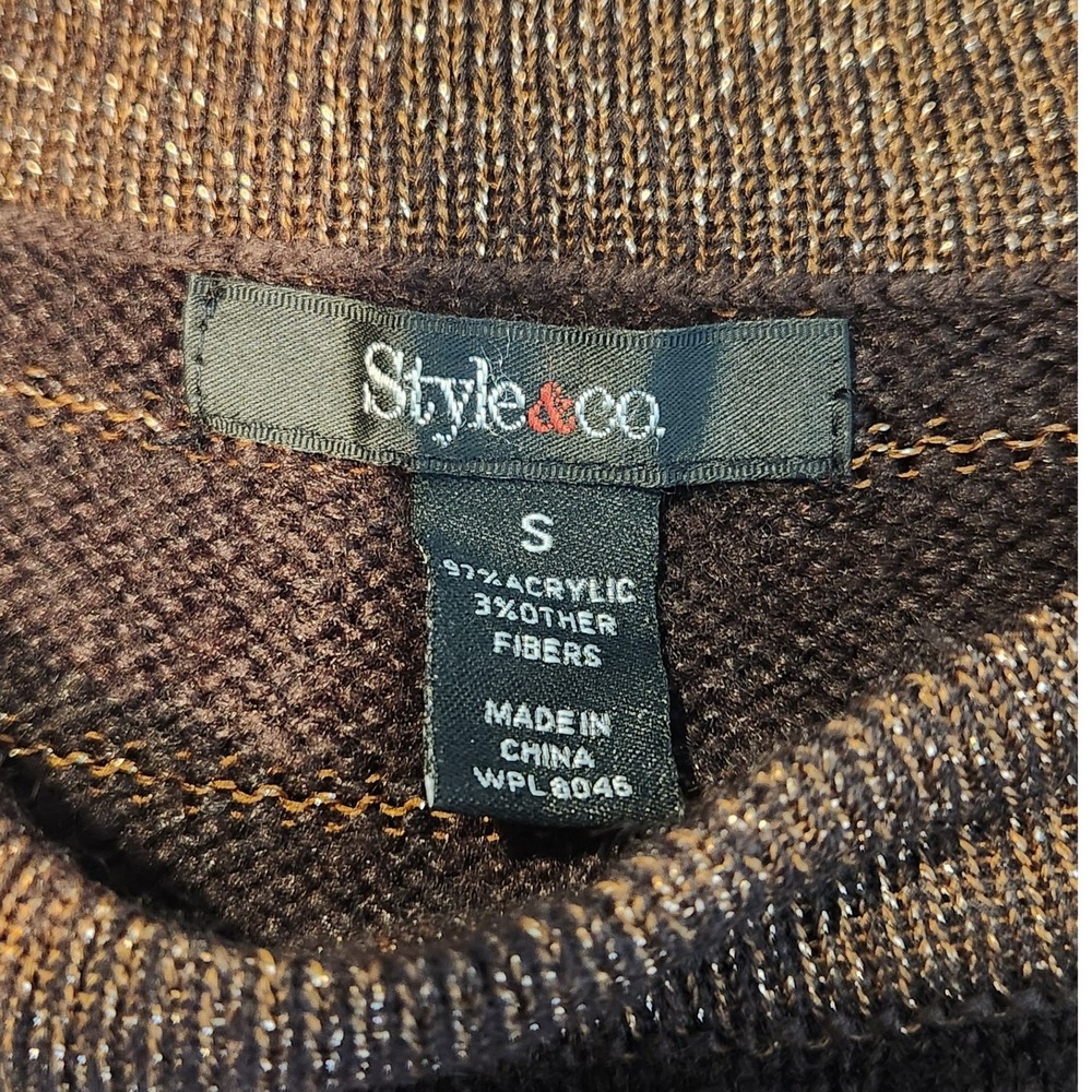 Style & Co Womens Brown Metallic Striped Short Sleeve Sweater Crew Neck Small - Picture 6 of 9